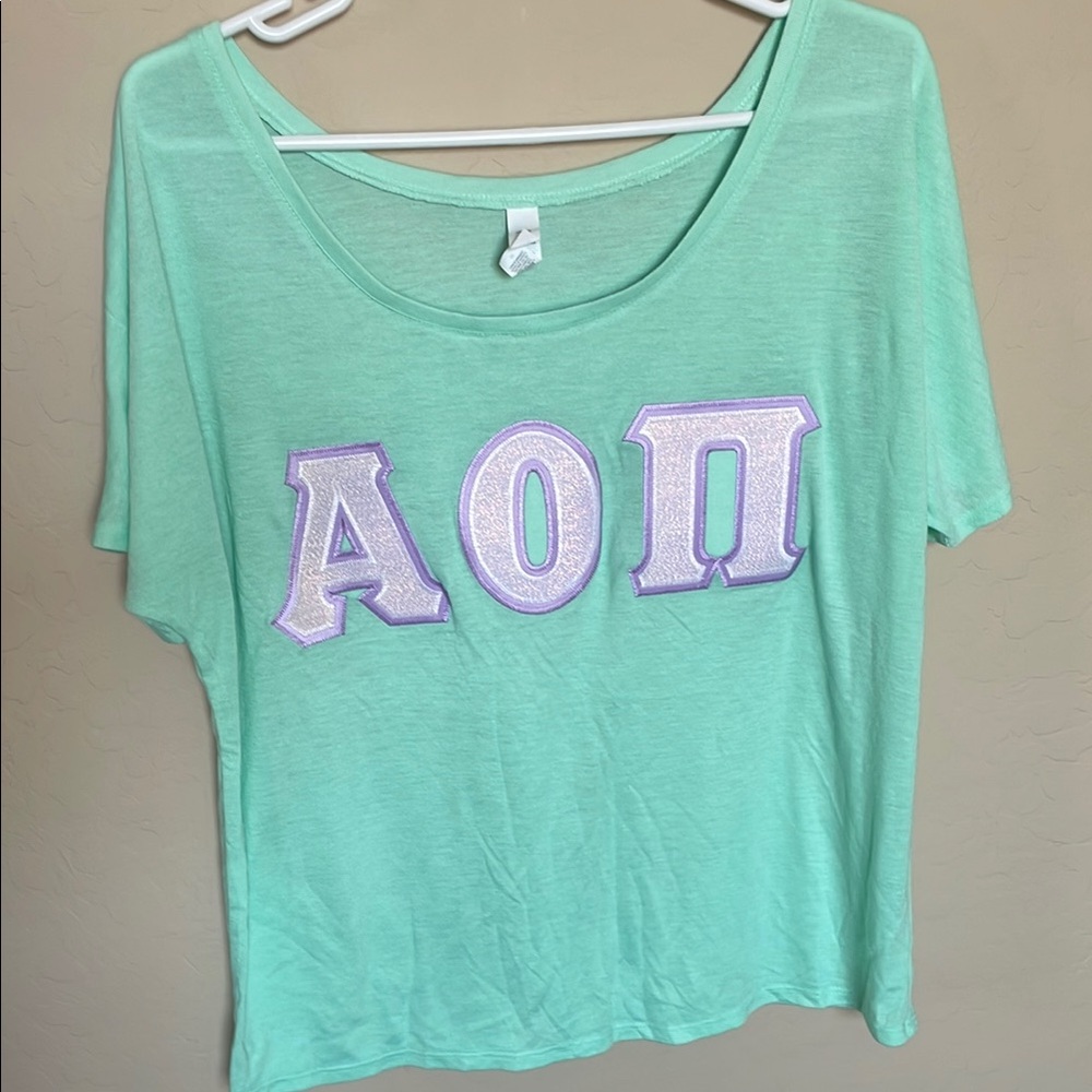 AOII / Alpha Omicron Pi Mint Green Hard Letter T-Shirt